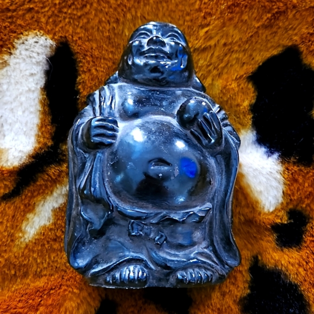 HAPPY BUDDHA STATUE Black Stone Resin Statue 4x5